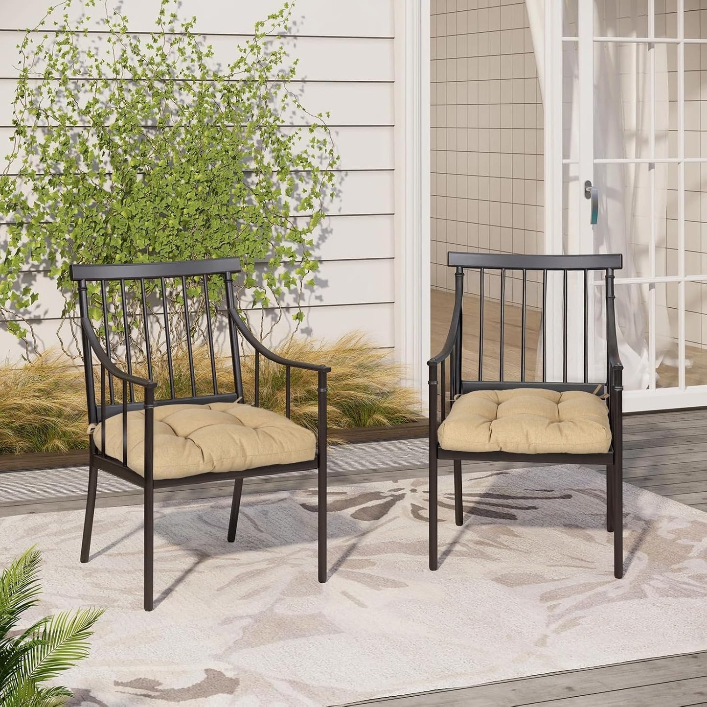 Aoodor 19" x 19" x 5" Tufted Outdoor Chair Cushions, Water Resistant & Fade Resistant Polyester Dining Chair Pads with 2 Straps for Patio Furniture, Set of 2