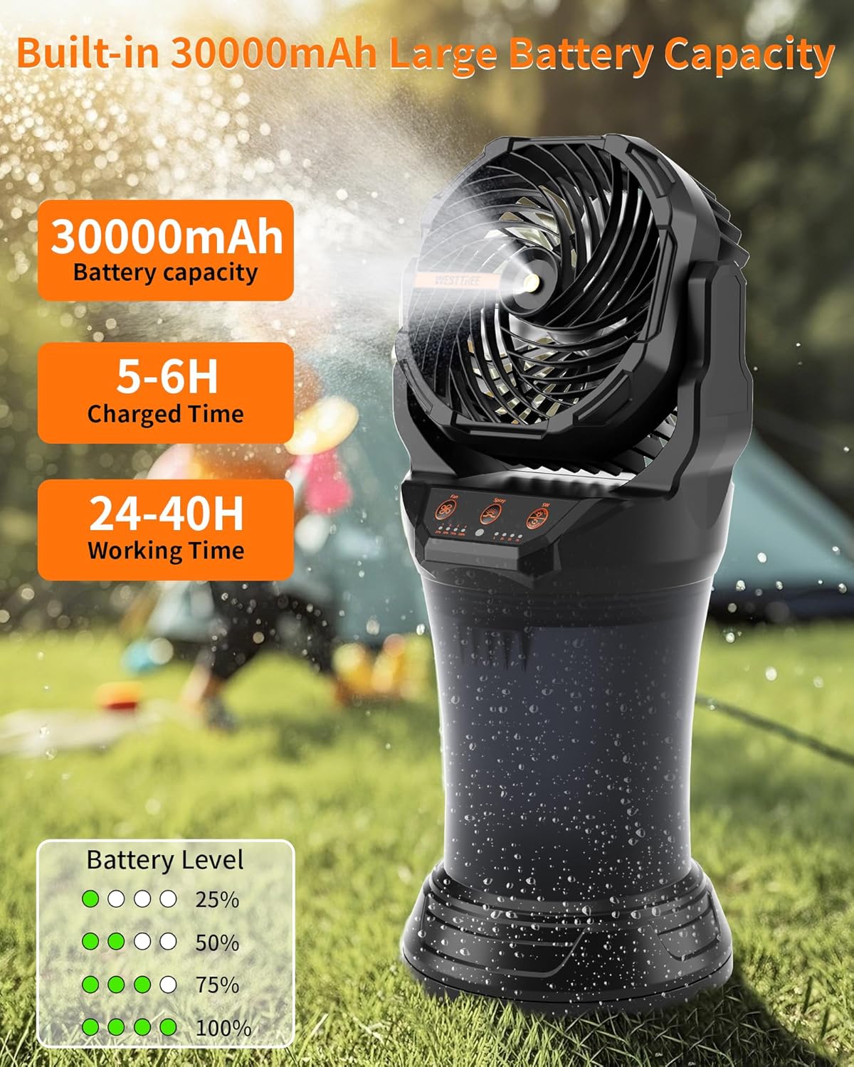 Portable Misting Fan with Large Battery Fan-Rechargeable Outdoor Misting Cooling Fans with 2L Water Tank,RGB Lights,4 Speeds & Spray Modes-for Patio, Camping, Beach, Workshop (Black)