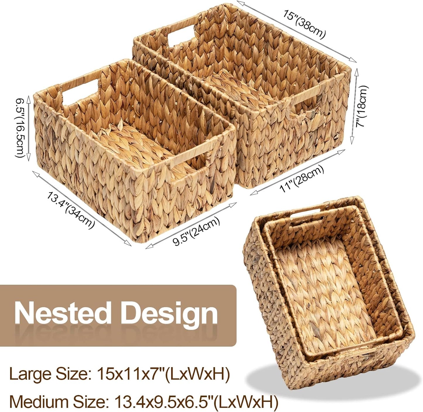 FairyHaus Wicker Baskets 15x11x7 & 13.4x9.5x6.5, 2 Pack Handmade Big Wicker Storage Basket with Handles, Natural Water Hyacinth Wicker Baskets for Storage Shelves Organizing, Rectangle Wicker Basket