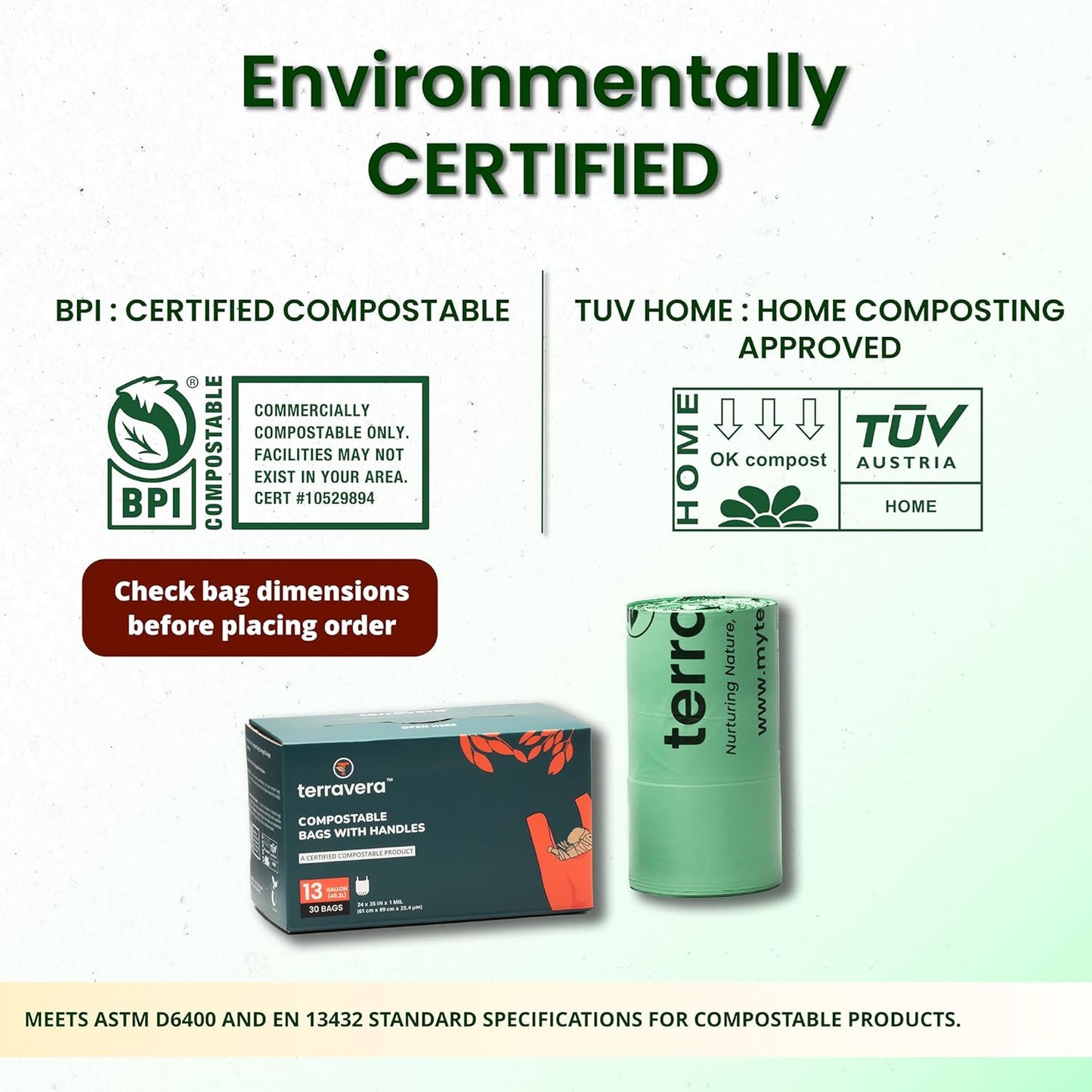 Compostable Trash Bags with Handles | BPI & OK Home Certified ASTM D6400 Standards | Heavy Duty Kitchen & Yard Waste Bags (13 Gallon Flat Top, 50 Count)