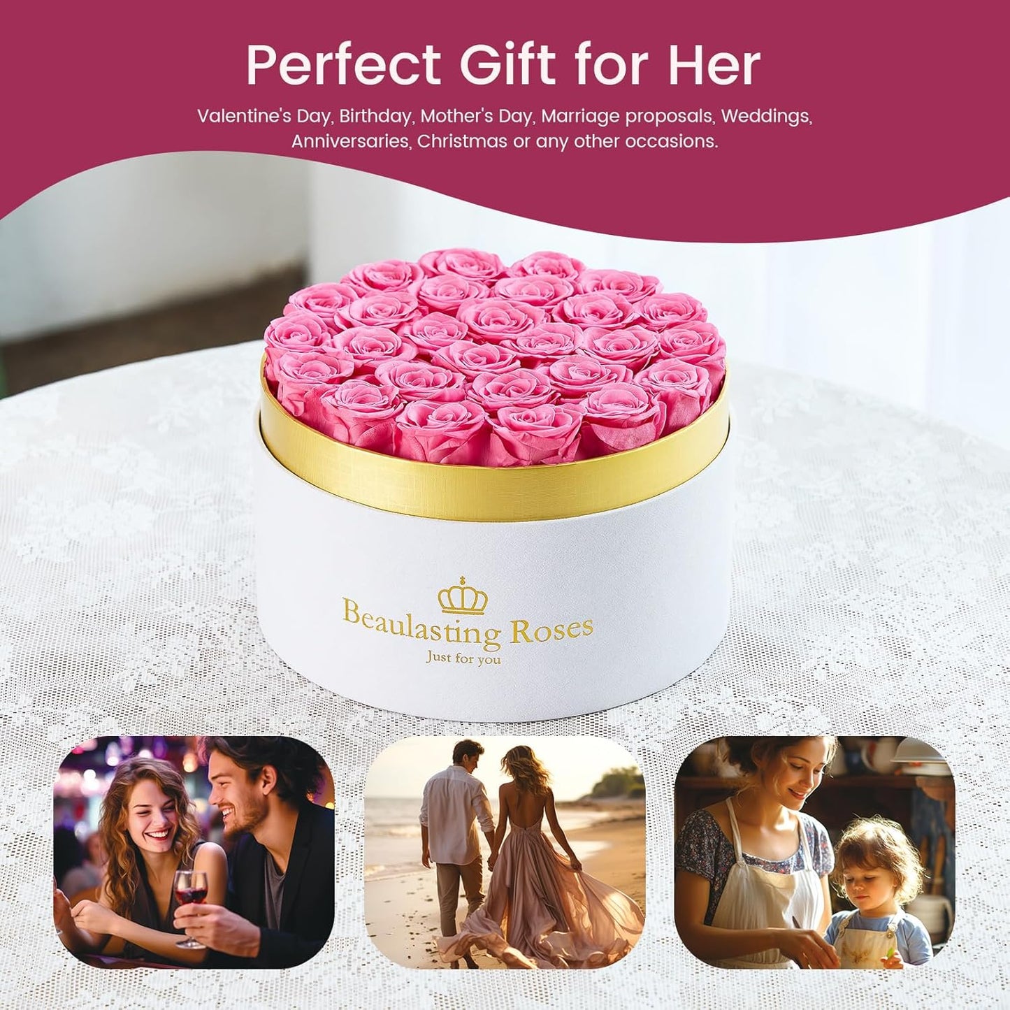 Preserved Roses Forever Flowers Real Roses in a Box Mother's Day Birthday Flowers for Her Mom Women Wife Valentine's Day, Pink, 27 Piece