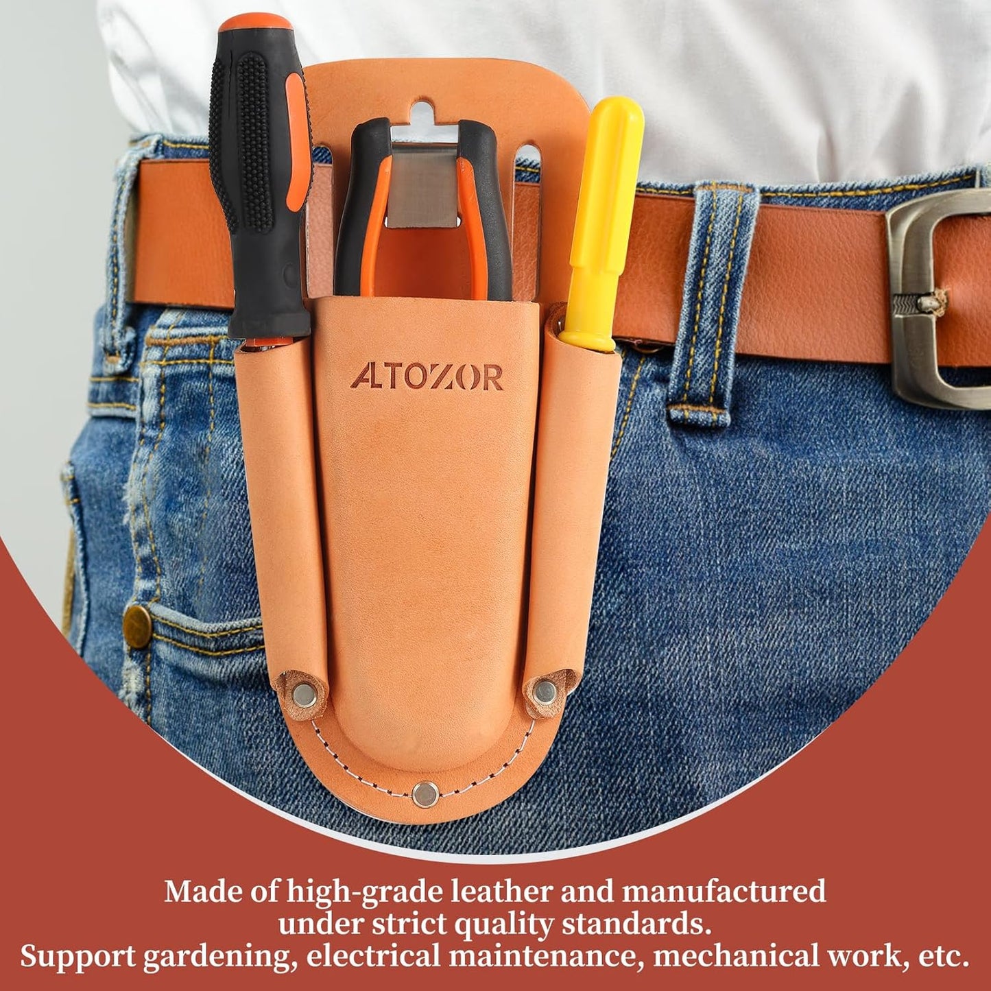 Leather Holster 3 Pocket Tool Pouch for Pruning Shears,Multi Tool Holder Gardening/Outdoor/Construction/Electrician Utility Tools