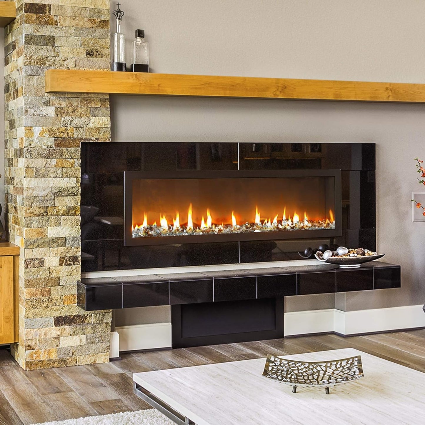 Mr. Fireglass 10 Pounds Blended Reflective Fire Glass for Fire Pit Fireplace and Landscaping, 1/2 Inch Mixed Colored High Luster Fireglass Rocks for Outdoor ＆ Indoor Use Aqua Blue+Copper+Platinum