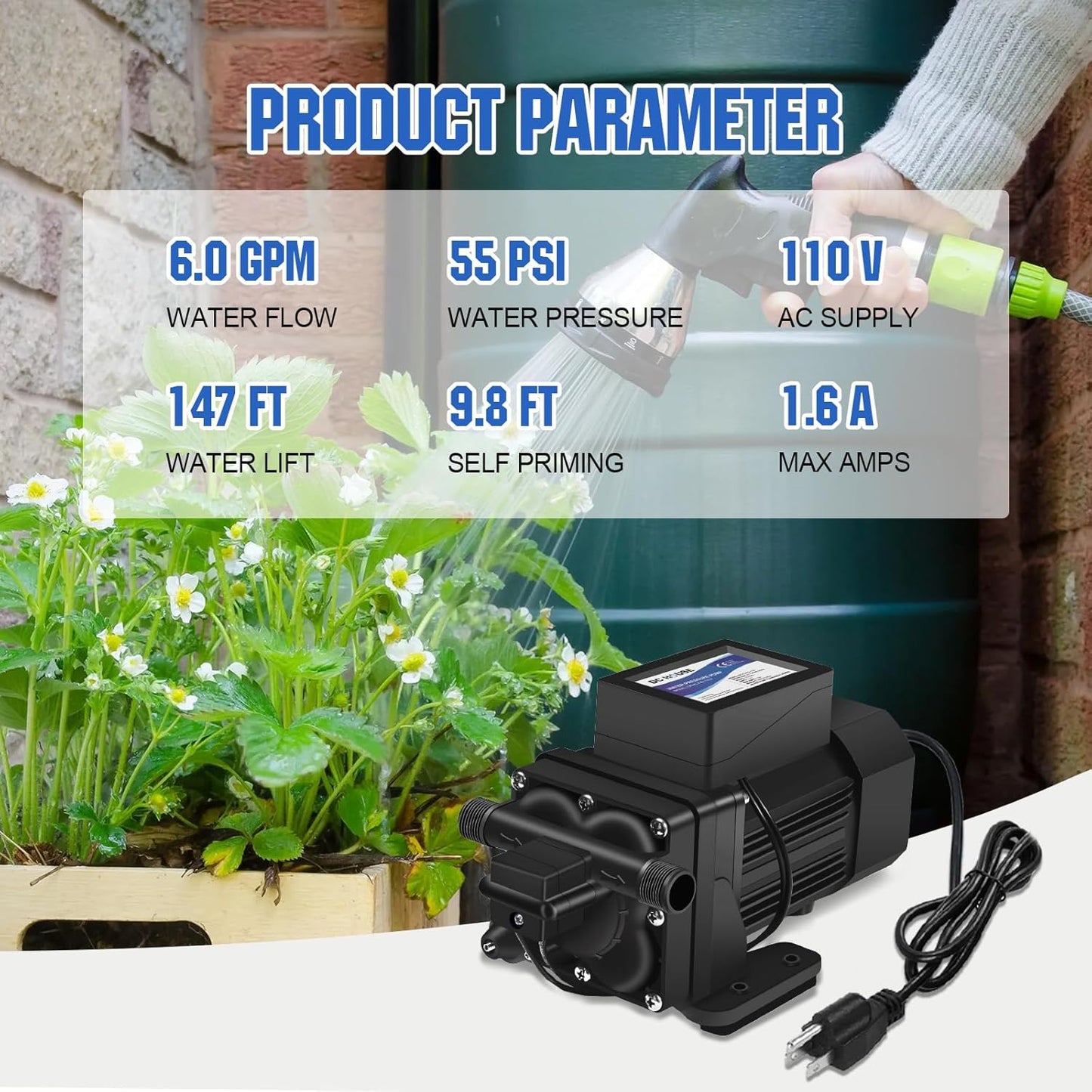 DC HOUSE Brushless 110V Water Pressure Transfer Pump 6.0 GPM 55 PSI Self Priming On Demand Electric Water Diaphragm Pump 110 Volt AC for Home Garden Irrigation Rain Barrel Pool