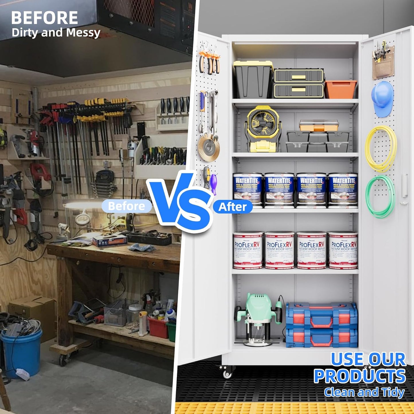 73" H Metal Garage Storage Cabinet with Wheels & Pegboard,Rolling Tool Cabinet with 2 Doors and 4 Shelves for Garage,Home,Office,Warehouse,Workshop, Required-Assembly,White