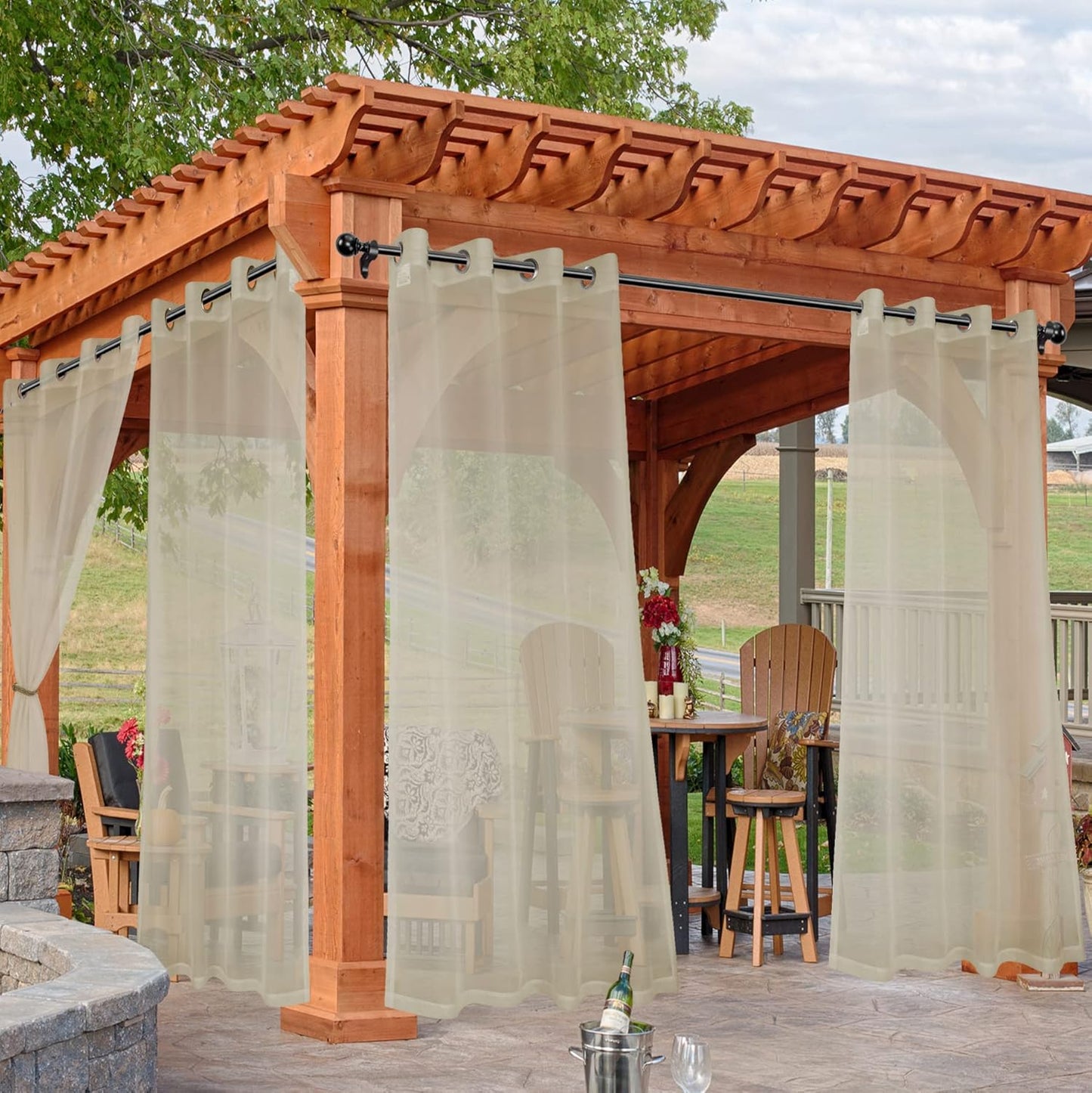 HolidayIdeas Outdoor Sheer Curtains for Patio Waterproof, 4 Panels - 54 x 84 Inch - Light Filtering Voile Outside Curtains Grommet Drapes for Front Porch, Gazebo, Pergola, Backyard, Linen Color