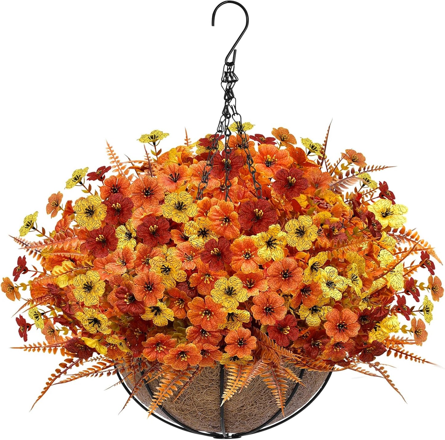 Artificial Fake Hanging Baskets Fall Flowers for Outdoors Decoration, 189 Silk Mums & 54 Boston Ferns UV Resistant Look Real Faux Plants for Outside Yard Patio Porch Garden Balcony Home Autumn Decor