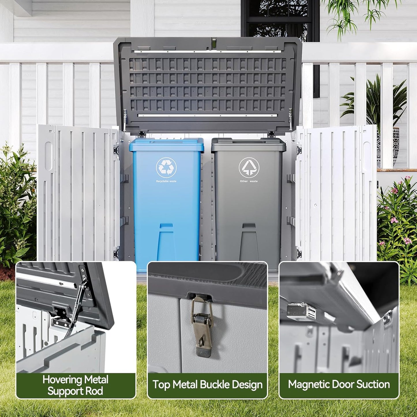 Aoxun Outdoor Storage Cabinet 35 Cu.Ft Outdoor Trash Can Storage Shed Waterproof Horizontal Storage Shed Outdoor Storage for Garbage Bin, Generator, and Lawn Mower (White)