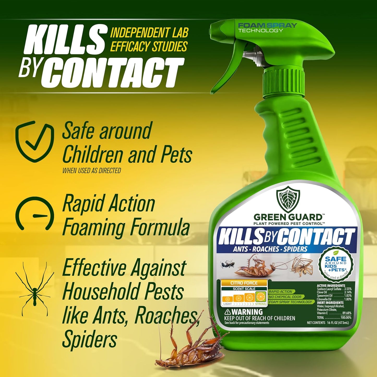 Green Guard Pest Control Spray - Indoor & Outdoor Killer of Ants, Roaches, Spiders & Other Crawling Insects, Safe Around Children & Pets, Plant-Based, Pleasant Scent (Citro Force, 16oz)