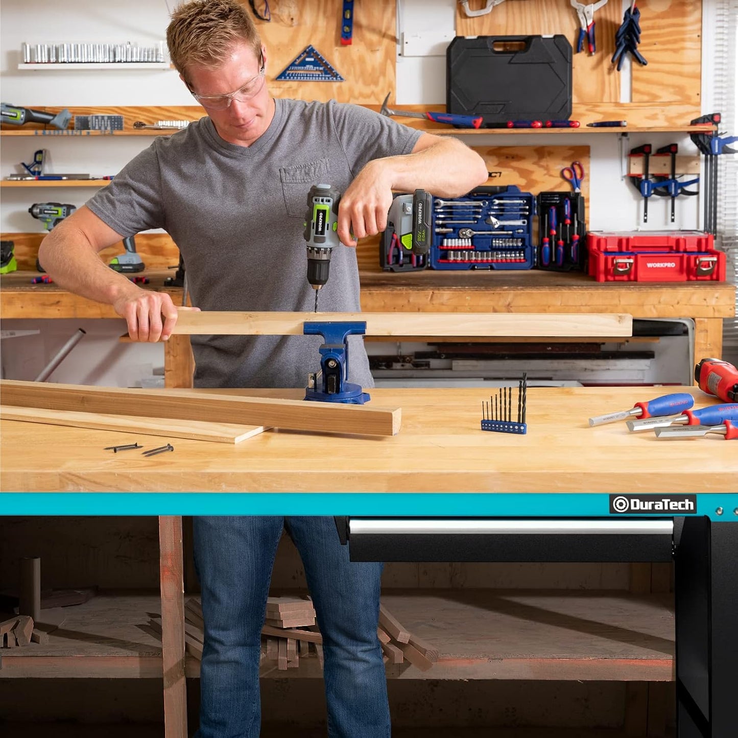 DURATECH 72” Adjustable Workbench, Heavy-Duty Rubber Wooden Top Worktable with a Drawer, 6ft Workstation with Power Strip, Peg Board, 2000 LBS Load Capacity for Workshop Garage Office Home