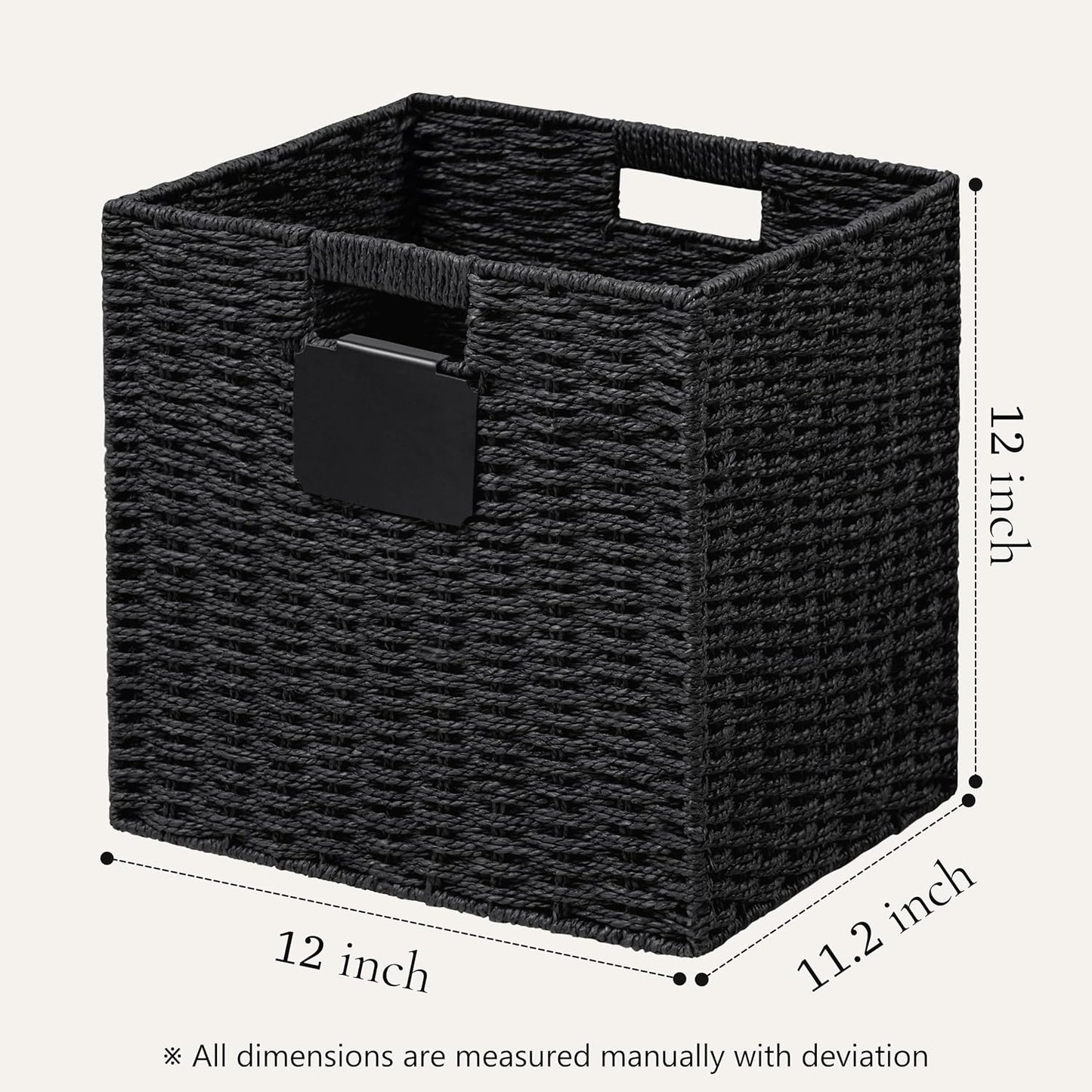 UBBCARE 2 Pack Wicker Basket, 12×12 Storage Cubes with Label, Foldable Cube Storage Bin with Handle, Square Storage Basket for Shelves, Woven Paper Rope Basket for Organizing, Black