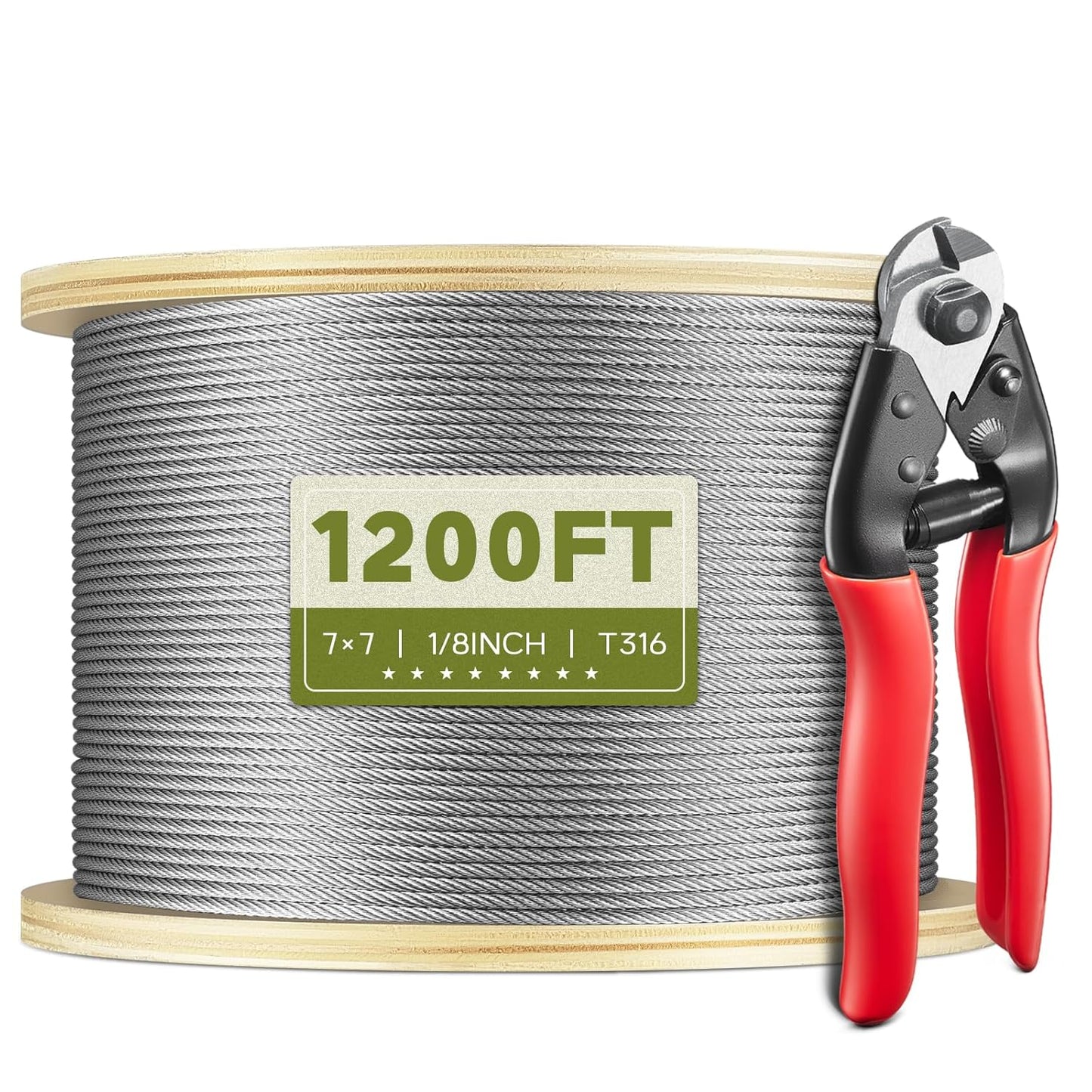 1200FT 1/8" T316 Stainless Steel Cable, Wire Rope Aircraft Cable for Deck Cable Fence Railing Kit, and DIY Balustrades, 7x7 Strands Construction, Comes with a Cutter