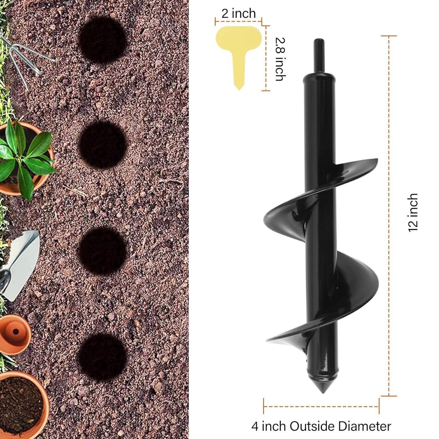 KENDO Auger Drill Bit for Planting Set of 1, Garden Ground Earth Spiral Drill Bits and Bulb Planter Tool for 3/8" Hex Drive Drill, for Post Hole Digger, Bulb Bedding Digging, Plant Rapid Planter