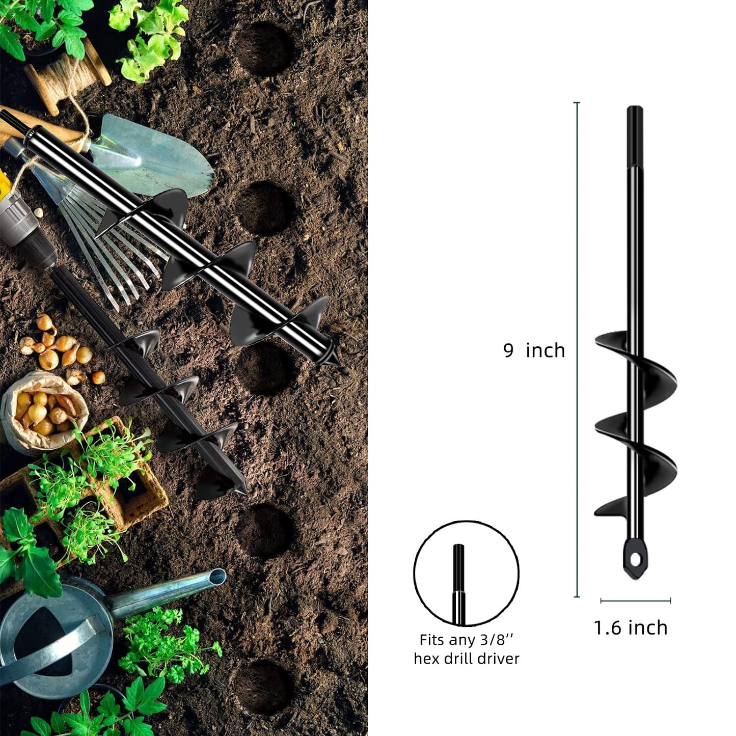 Garden Auger Drill Bit for Planting 1.6x9in, Ground Earth Spiral Auger Drill for 3/8" Hex Drive, Yard Auger for Bulbs, Flowers & Bedding Digging, Planter Tool