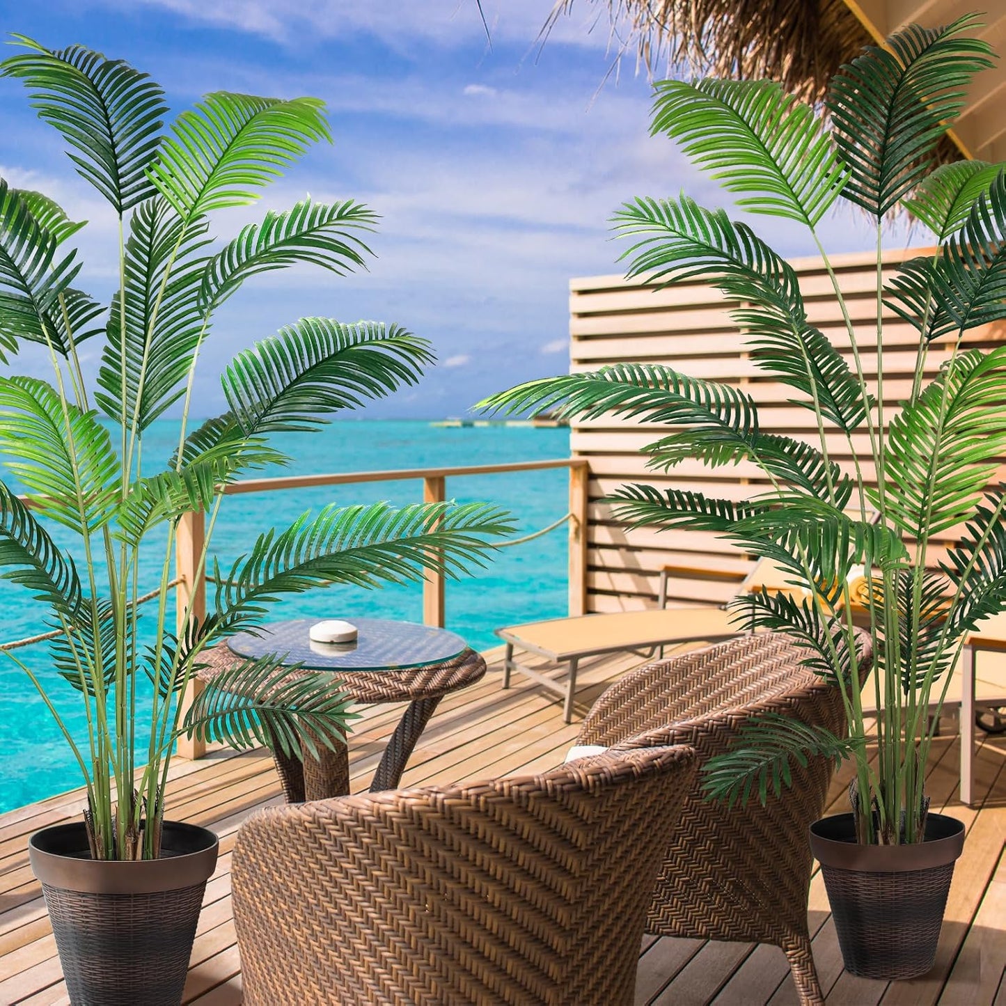 KOL 7ft 2-Pack Artificial Areca Palm Plant in Pot, Fake Tropical Cane Palm Silk Tree Indoor Outdoor, Dypsis Lutescens Plants, 82.7in Lifelike Faux Silk Plant Home Garden Decoration, Housewarming Gift