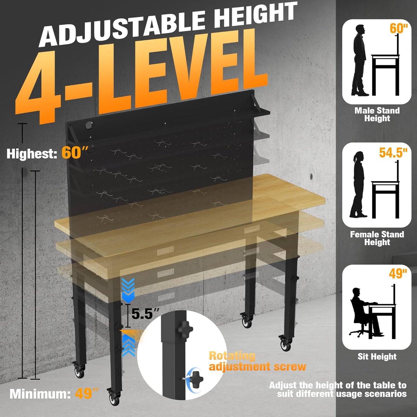 60" Heavy Duty Work Bench with Drawers, Adjustable Height 2000 Lbs Garage Workbench with Pegboard Pad & Power Outlets & Wheels, Mobile Tool Work Table for Workshop Woodworking Home Office