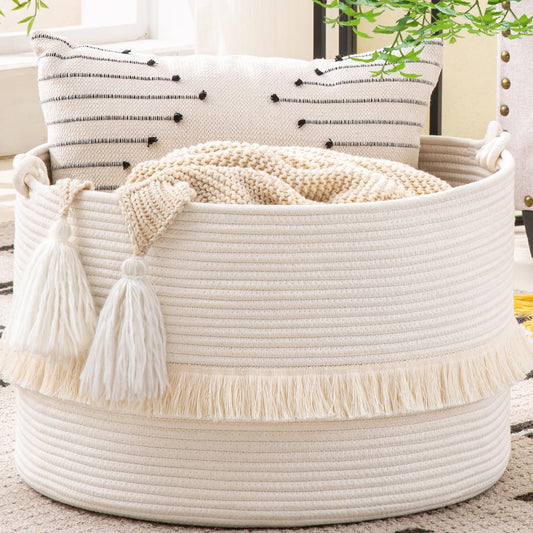 KAKAMAY Large Blanket Basket (20"x13"),Woven Baskets for storage Baby Laundry Hamper, Cotton Rope Blanket Basket for Living Room, Laundry, Nursery, Pillows, Baby Toy chest (White)