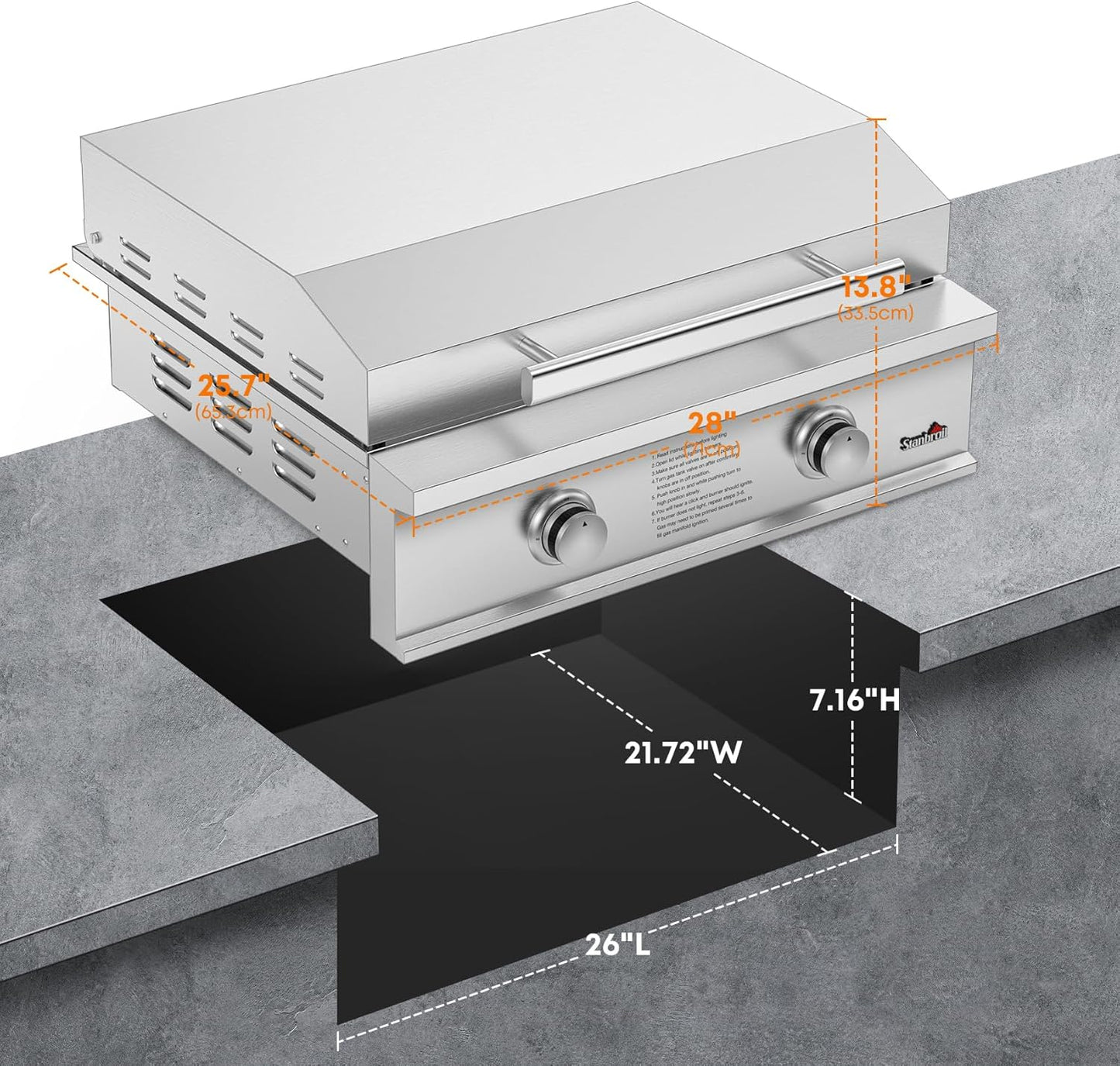 Stanbroil 28-Inch Premium Built-In Liquid Propane Griddle for Outdoor Kitchen Grill, Durable Stainless Steel 2-Burner Flat Top Grill with Lid for BBQ Island, 34,000 BTUs