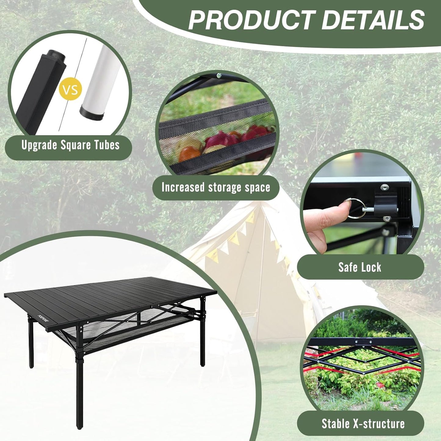 Large Folding Camping Table Aluminum with Storage for 4-6 People 55"X27.5" Roll Up Tall Outdoor Portable Table Lightweight with Carry Bag for Picnic BBQ Backyard Beach