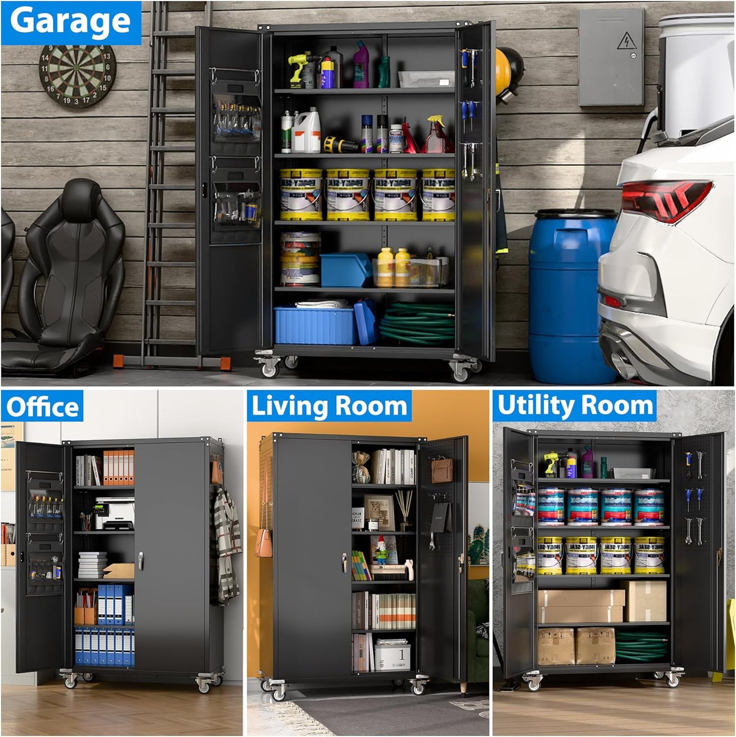 Upgraded Wide & Deep Extra Large Metal Storage Cabinet on Wheels,Lockable Garage Cabinets with 3 Pegboards,2 Tool Pouches for Garage,Office,Assembly Required,Black,43.3''W x 21.6''D x 72''H