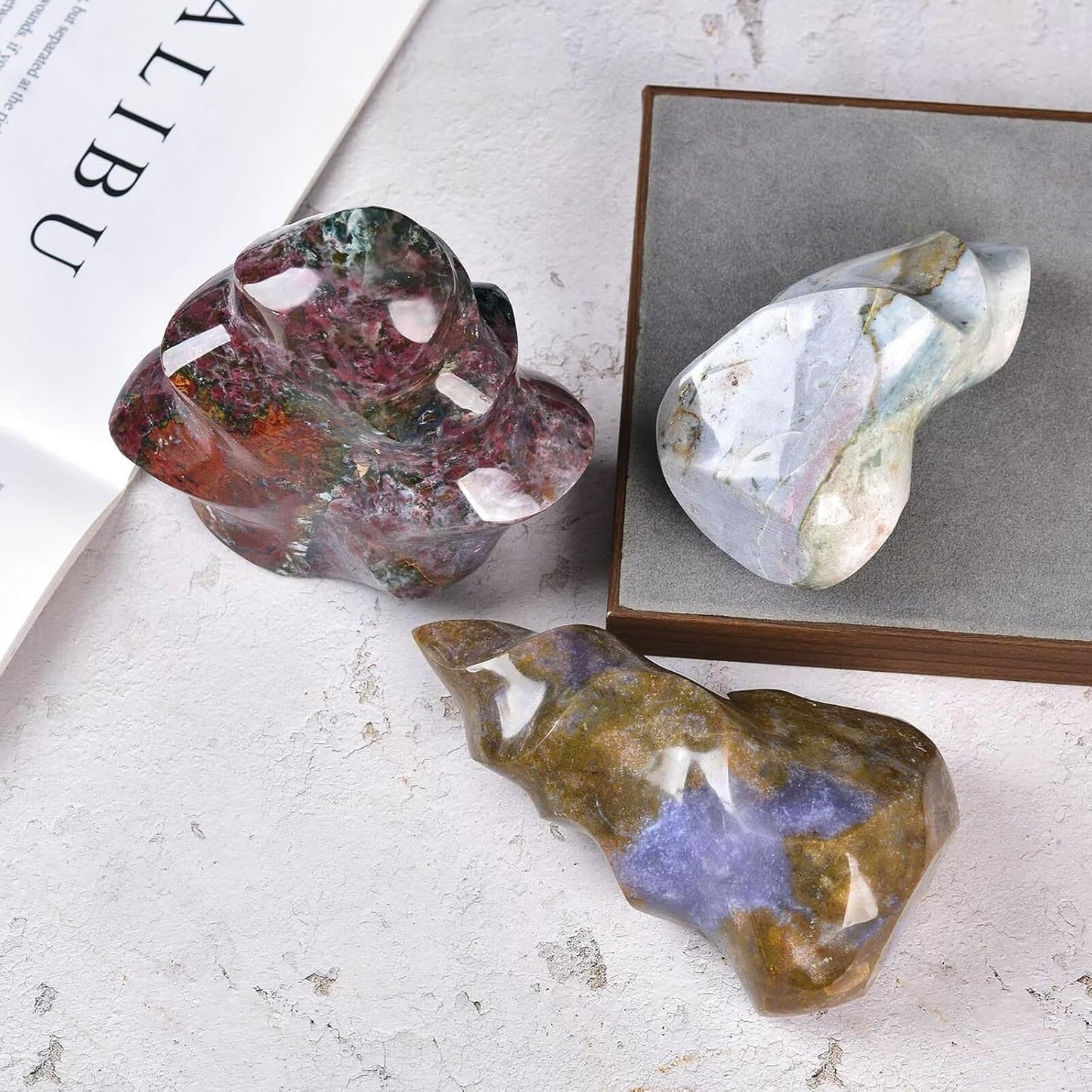 AMOYSTONE Ocean Jasper Flame Shaped Stone Towers Obelisk Natural Healing Crystal Quartz Reiki Energy Decoration Home Office Decor 1.5-2.2LBS