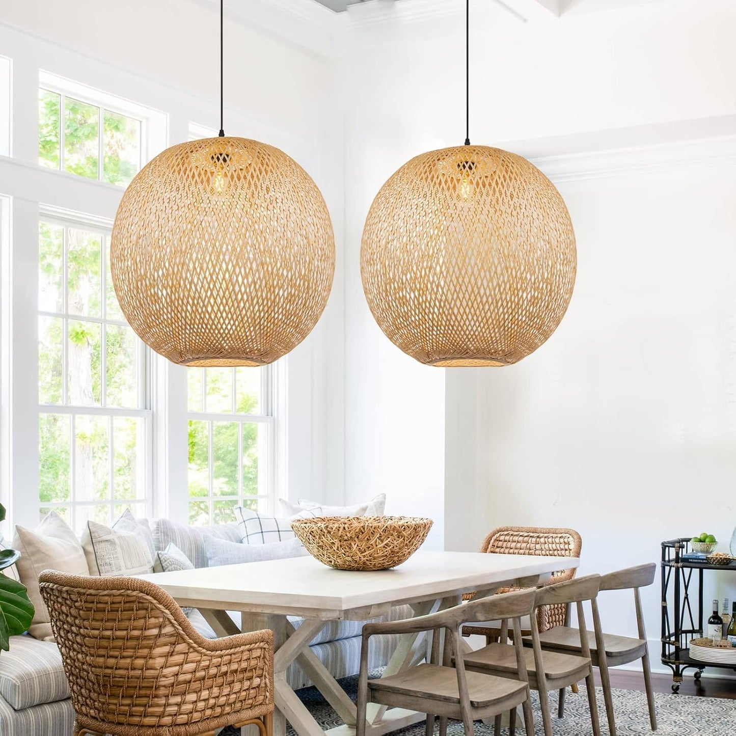 Arturesthome Bamboo Pendant Lighting Fixtures, Round Wicker Chandelier Hand-Woven Boho Basket Lampshade Hanging Ceiling Light for Kitchen Island Living Room