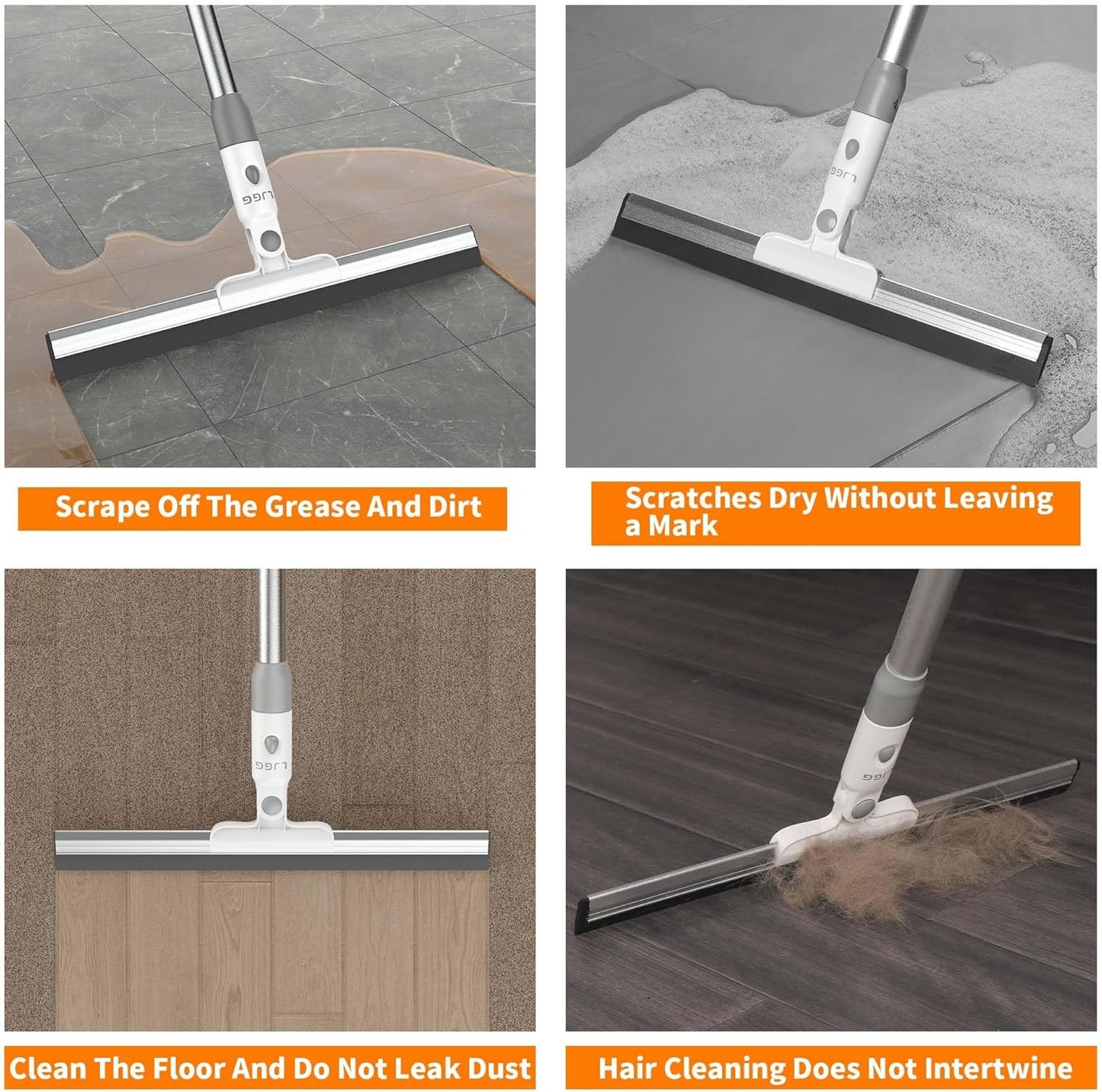 Squeegee Broom for Floor, 13.78" Rubber Squeegee with 51" Aluminum Alloy Pole for Bathroom Tile, Garage Concrete, Deck, Shower Glass, Window Cleaning, Squeegee Broom for Household Floor