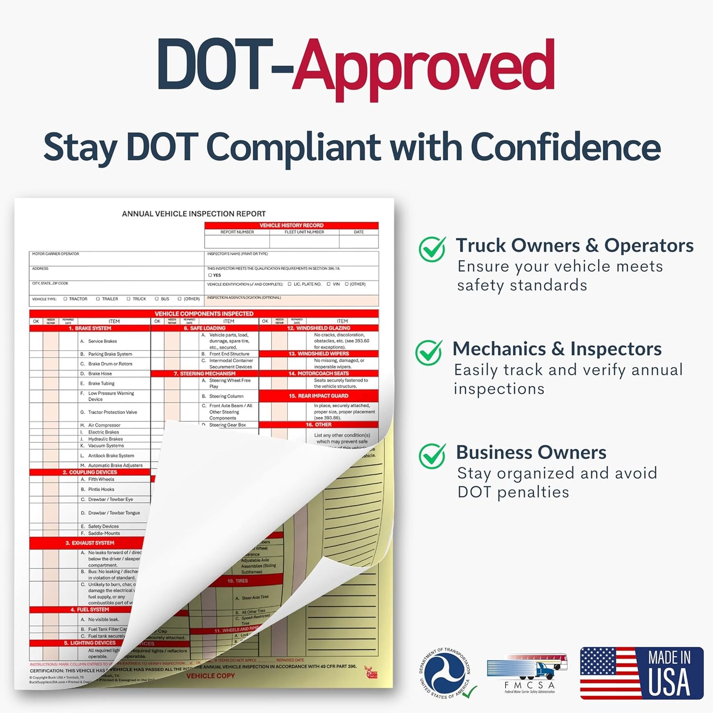 100 Pack 3-Ply Carbonless Annual Vehicle Inspection Report Forms with FMCSA 2-Ply Mylar Laminate Adhesive Vinyl Labels, DOT Inspection Forms and Stickers, Shrink-Wrapped, 8.5" x 11.75" - Made in USA