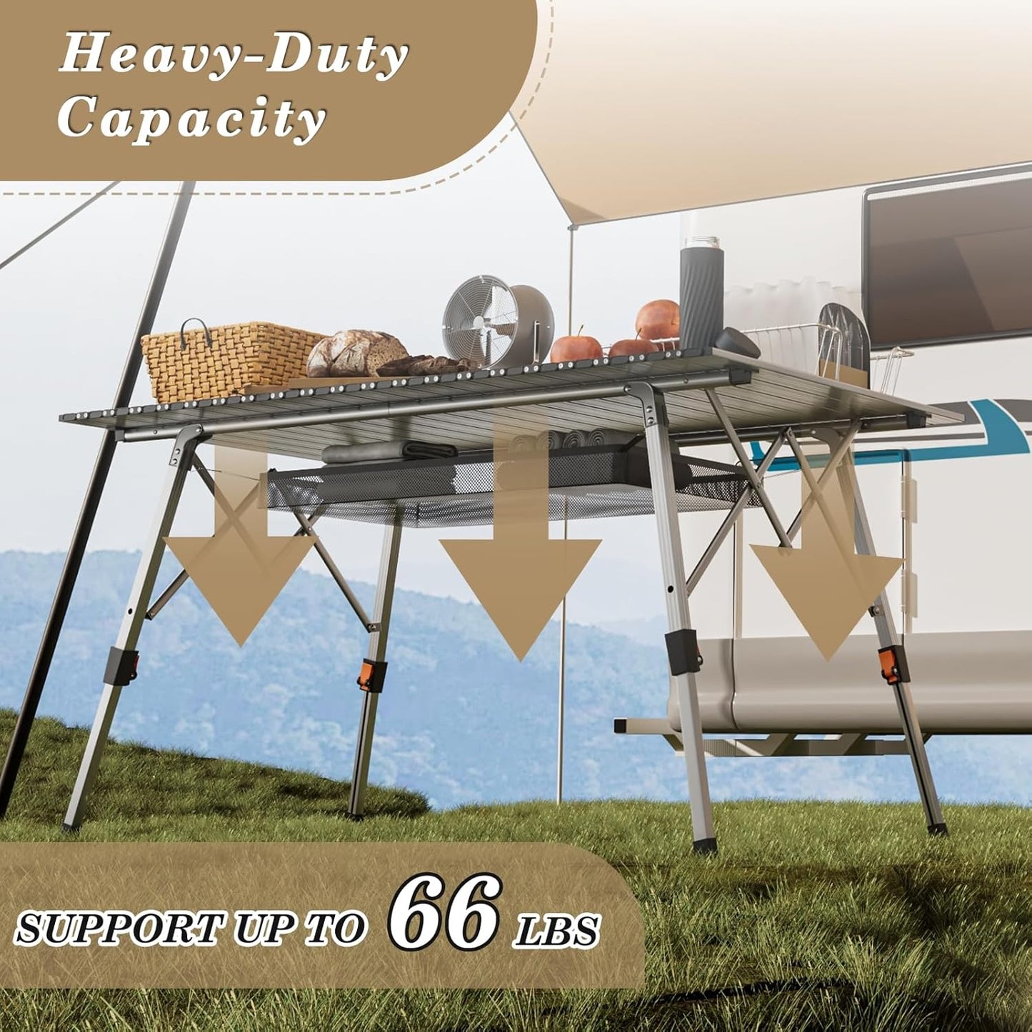 Athena Collection Foldable Camping Table, 47" Aluminum Outdoor Folding Camp Table with Mesh Layer Telescopic Legs and Carry Bag, Lightweight and Portable for Outdoor Camping Picnic Grilling, Silver