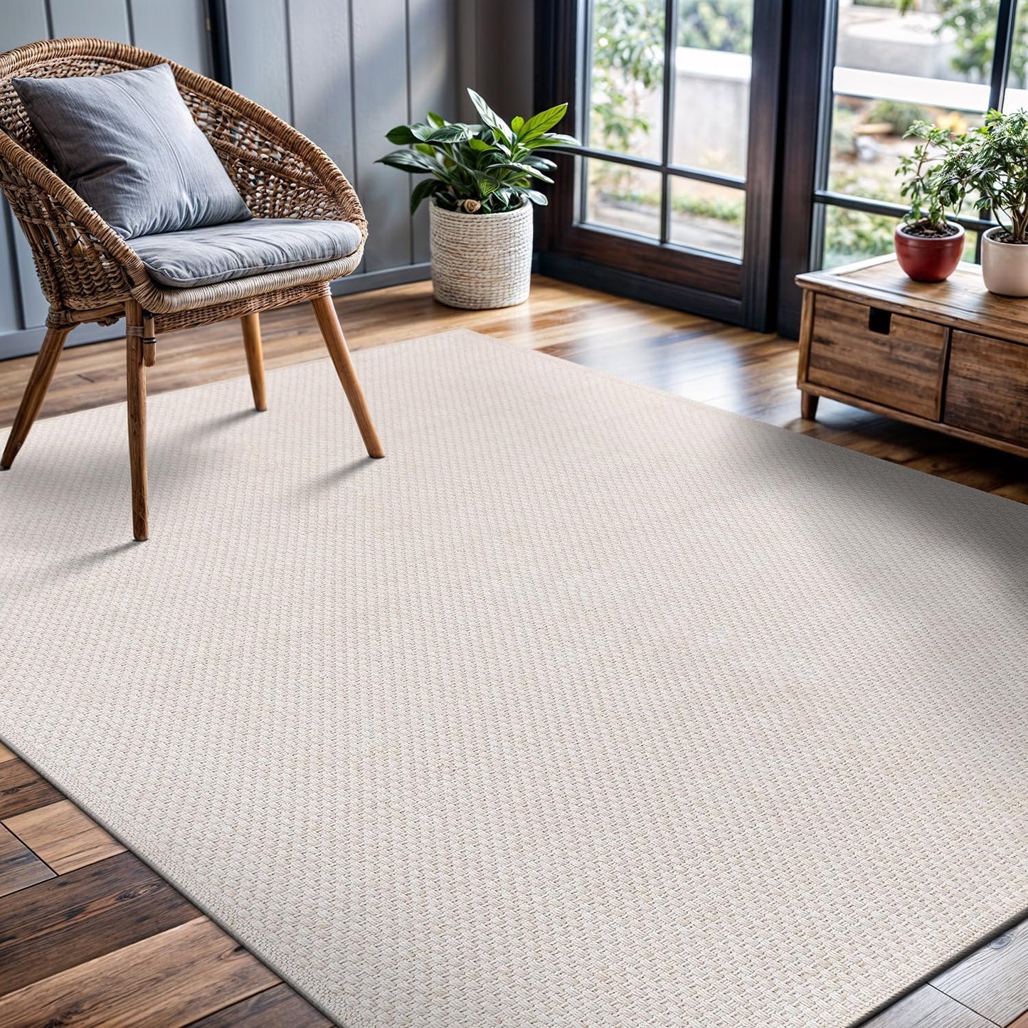 CAMILSON Easy Jute Rug 5x7, Indoor Outdoor Off-White Farmhouse Area Rugs for Living Room Patio and Kitchen Rug, Solid Woven Design, Easy-Cleaning, Washable Outside Carpet Alfombras (5 x 7)