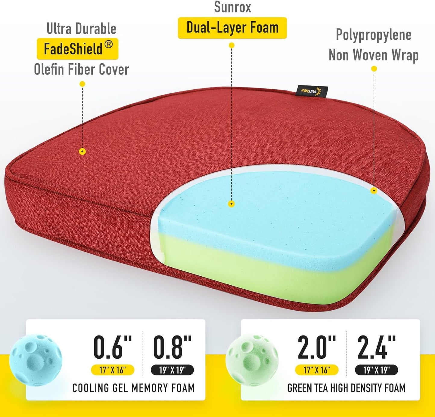 SUNROX Gel Memory Foam Chair Cushions, FadeShield Water-, Stain-Resistant Durable Reversible Seat Cushion Pads with Ties for Indoor/Outdoor Kitchen Dining Office, 19"x19", Set of 2, Burgundy