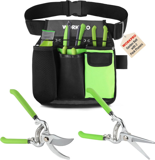 WORKPRO 2-Piece Pruning Shears and Garden Tool Belt Set, Gardening Belt with 5 Pockets and Adjustable Waist Belt, 8" Bypass Garden Shears and 8'' Handing Pruner with Steel Straight Blade
