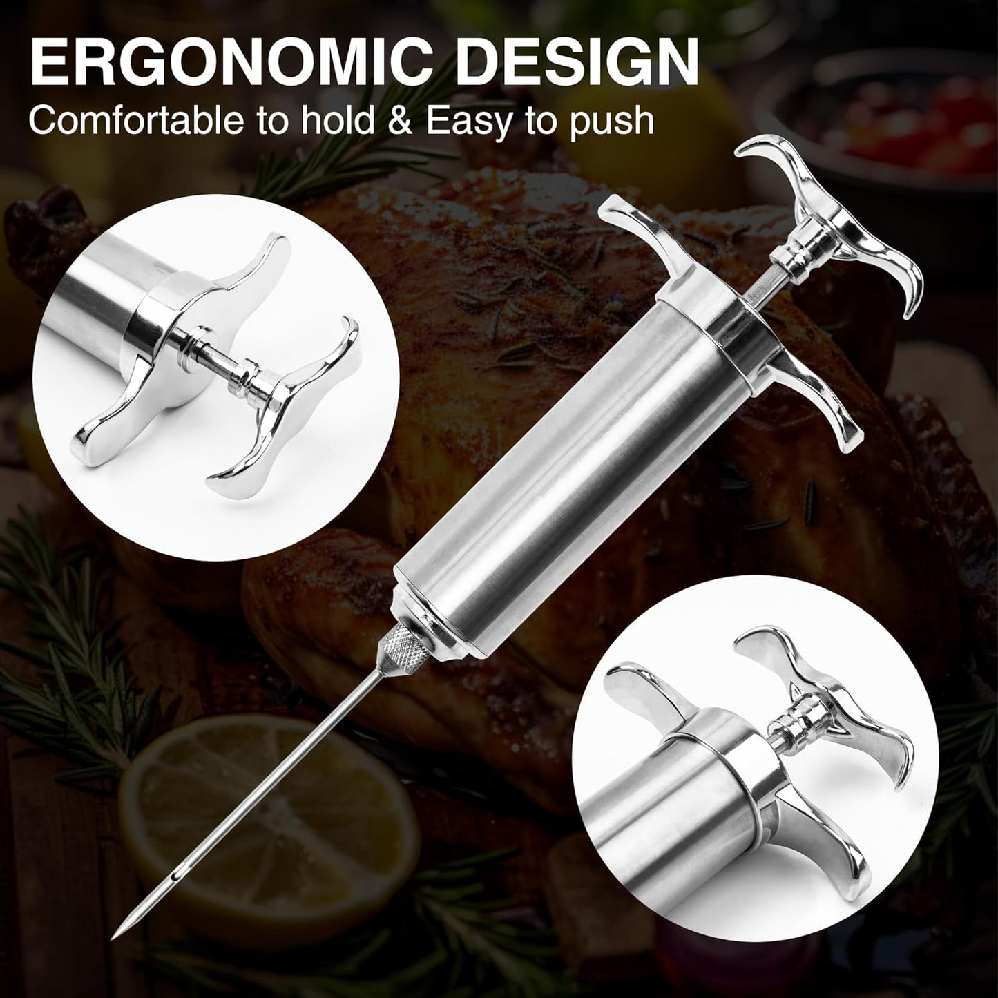 Meat Injector Syringe Kit, Flavor Injector with 3 Marinade Needles, Stainless Steel Kitchen Food Injection Syringe for Turkey Cooking