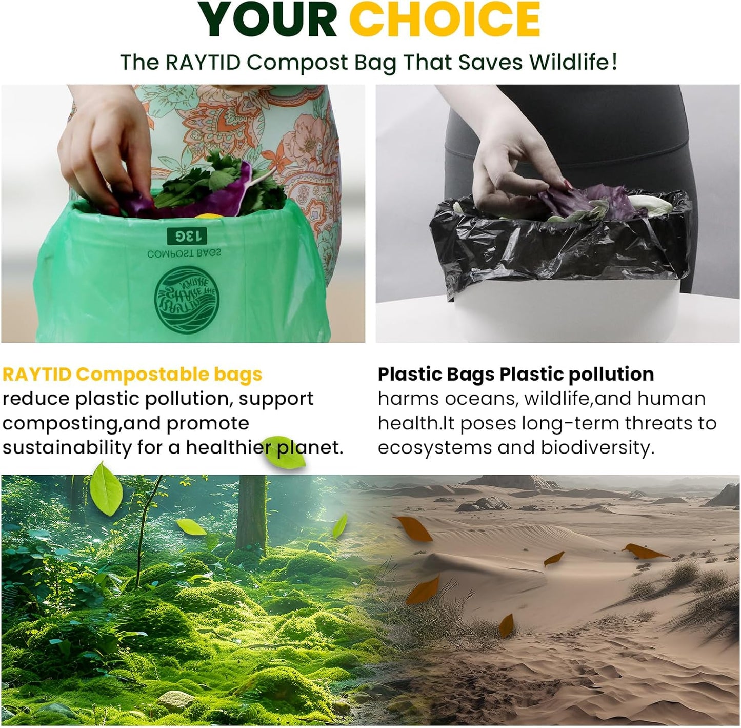 Trash bags 13+ gallon tall kitchen,Compostable Trash Lawn & Leaf Yard Waste Bags,Kitchen Compost Trash Bin Compatible,Extra Thick1.1 Mills,Certified by BPI and OK Compost(50count)