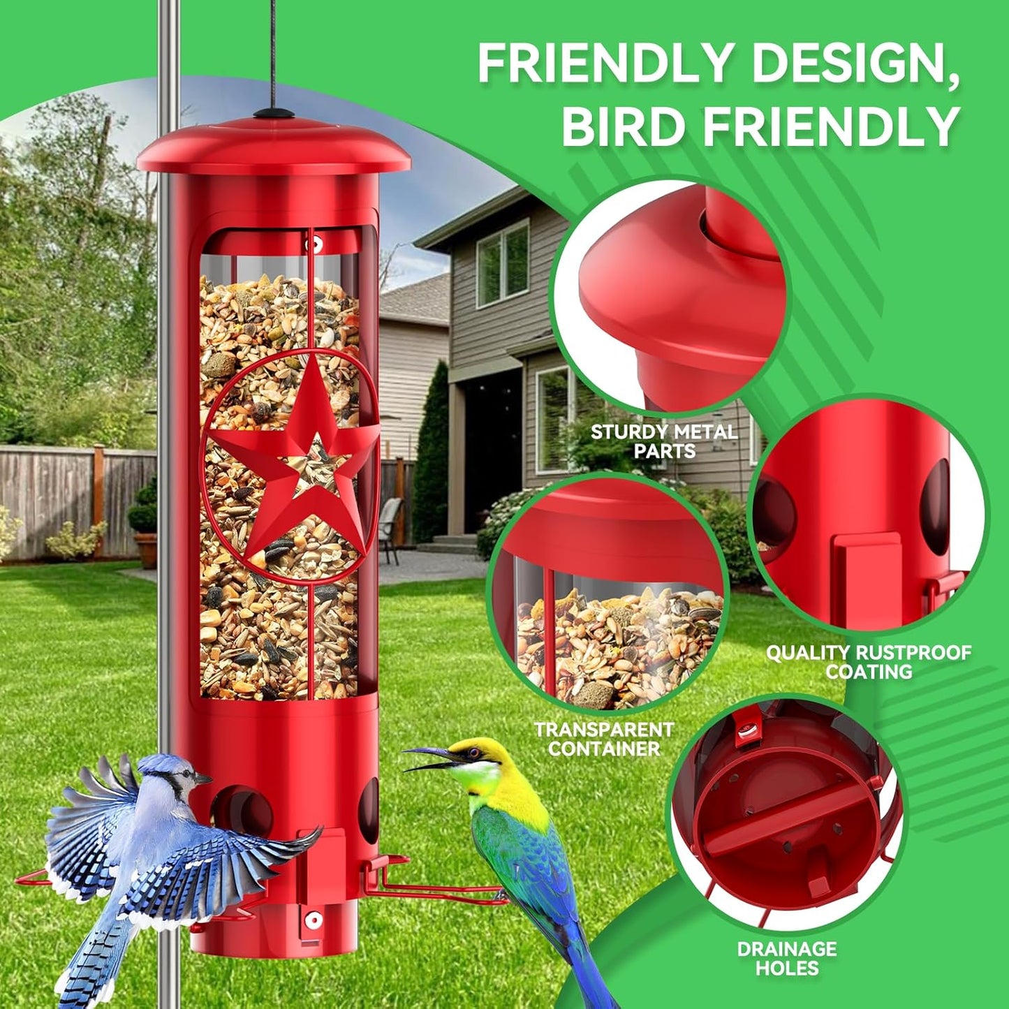 Squirrel Proof Bird Feeders for Outdoors Hanging, Metal Squirrel Proof Bird Feeder with Gravity Protection, 3LB Large Capacity Wild Bird Feeders for Outside Finch, Cardinal, Blue Jay (Red)