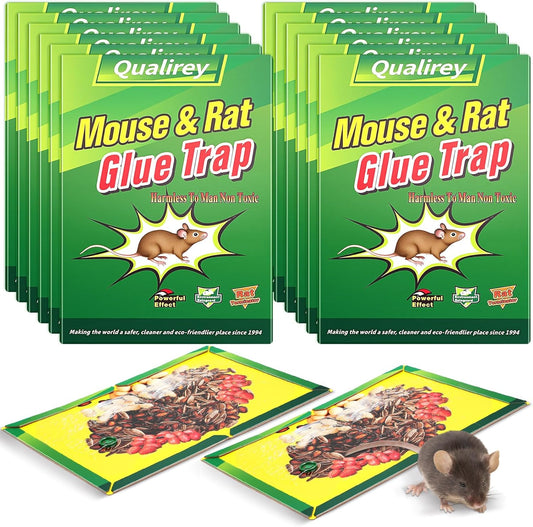 Qualirey 12 Pack Sticky Mouse Traps, Extra Large Glue Boards 8.3 x 11.8 Inch with Nut Attractant Print, Non-Toxic, Ready-to-use Indoor Rodent Catchers for Mice & Rats