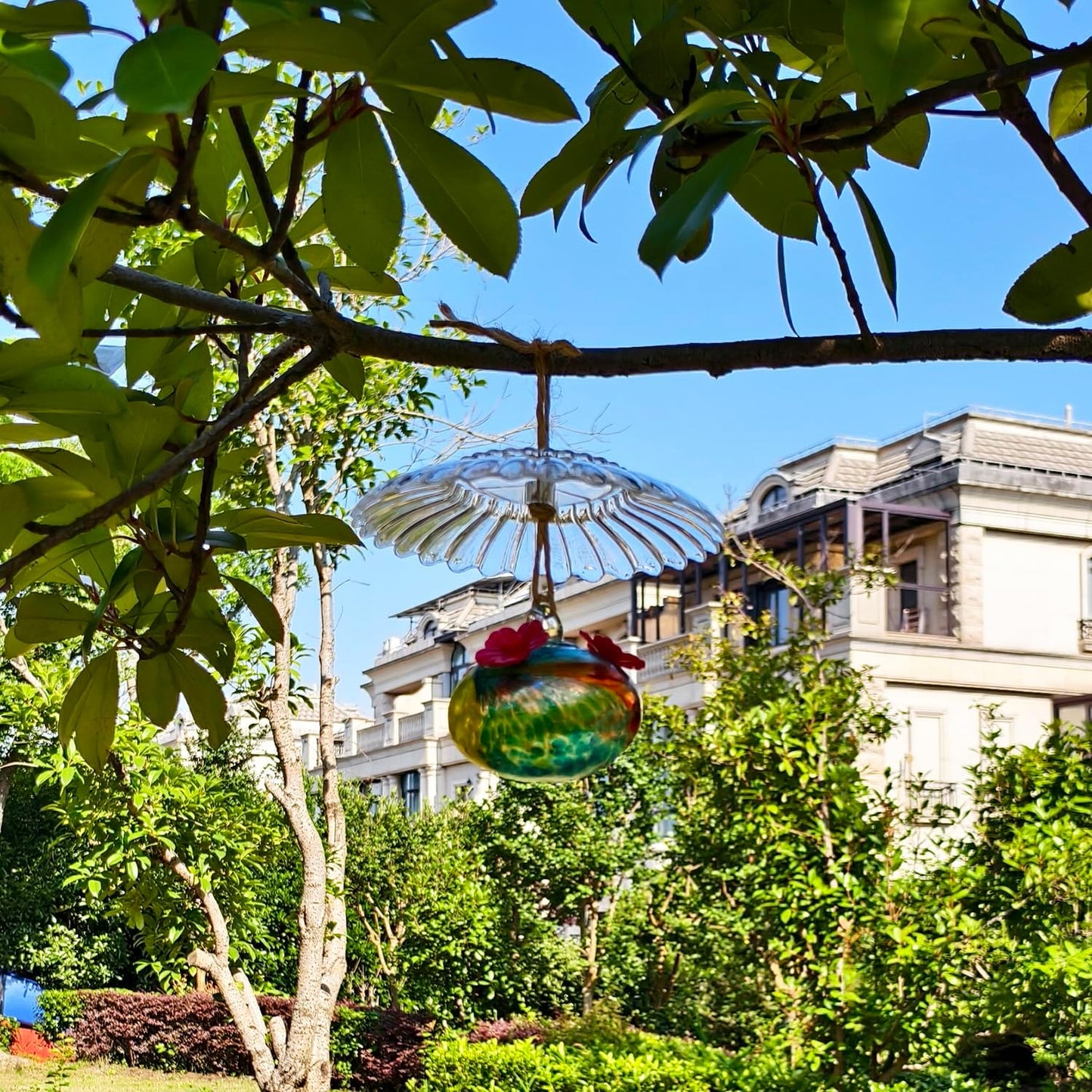 Small Glass Hummingbird Feeders for Outdoors Hanging - 4PC x Multi Color Hand Blown Glass Ball Nectar Feeding + Rain Cover, 3 Flowers Feeding Ports, Decor for Garden/Backyard Outside