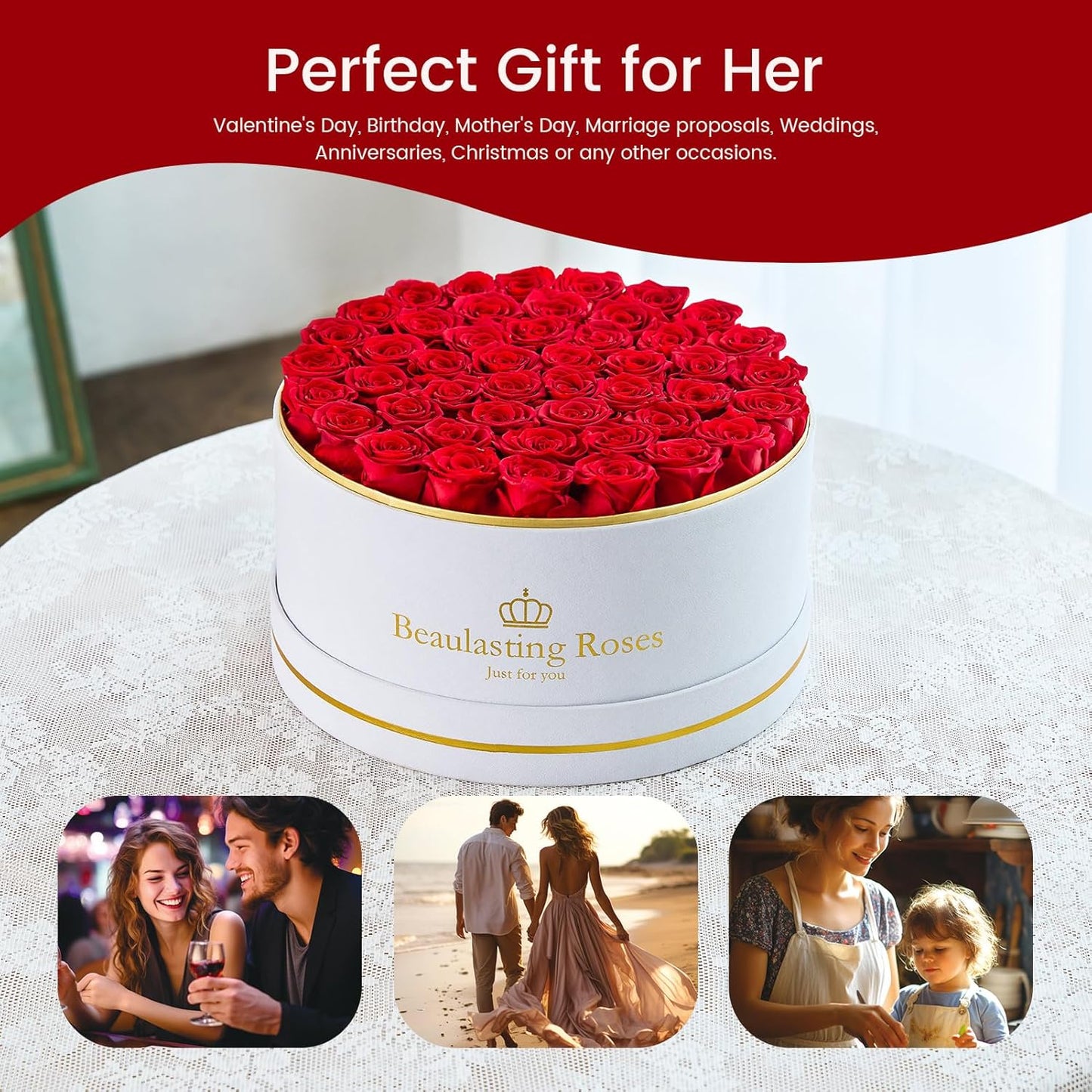 Preserved Roses Forever Flowers Real Roses in a Box Mother's Day Birthday Flowers for Her Mom Women Wife Valentine's Day, Red, 47 Piece