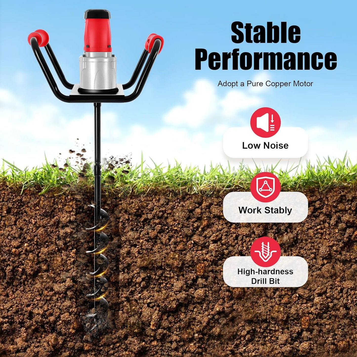Post Hole Digger, 1500W Electric Post Hole Auger Earth Auger Digging Drill Digging Machine with 4" Digging Auger Bit and Extension Bar Set for Planting, Trenching in Garden