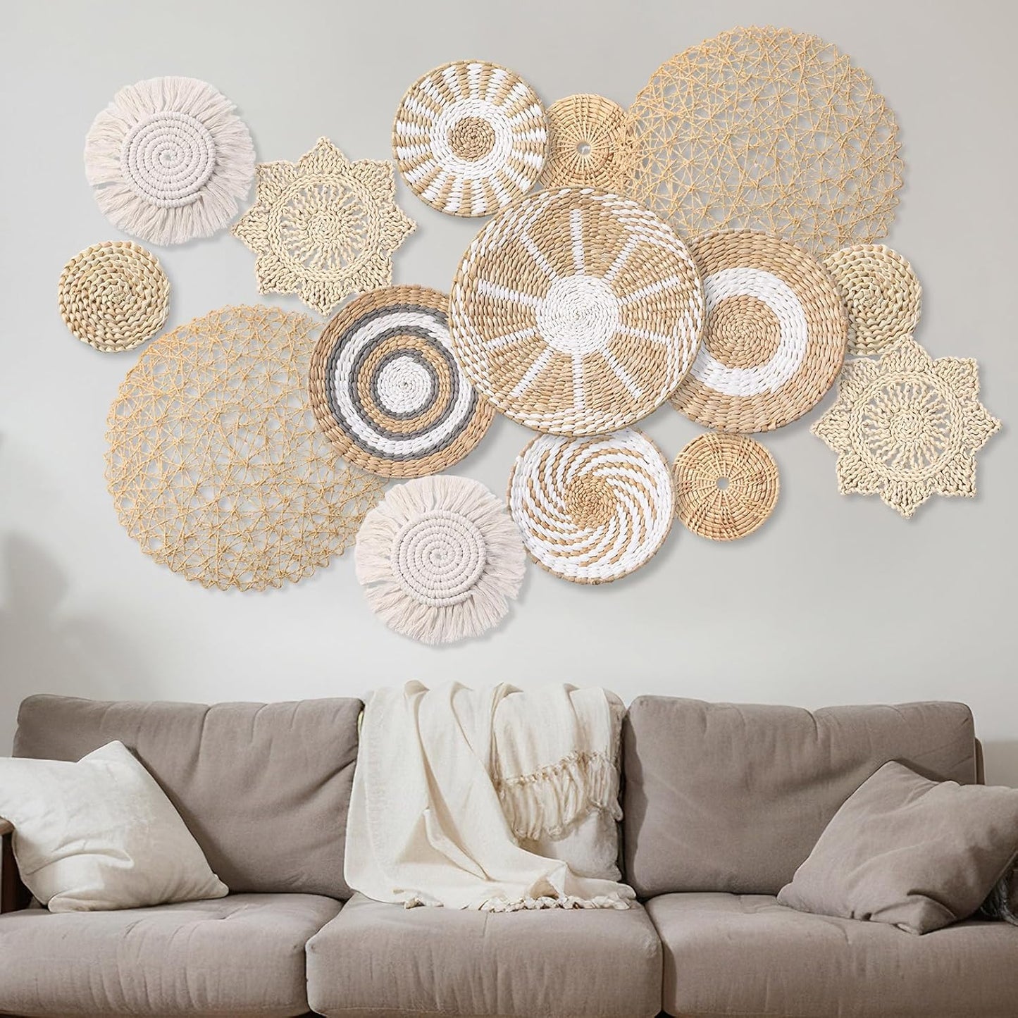 15 Pcs Boho Wall Basket Decor Woven Rattan Seagrass Wall Decor Hanging Rustic Farmhouse Western Art Decoration for Nursery Living Room Bedroom Home Kitchen(Grey White Style)