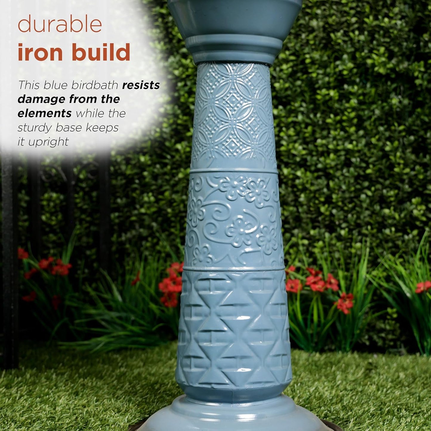 Alpine Corporation ORS112BL Vintage Metal Pedestal Birdbath with Stand, Shallow Bird Bath Bowl for Outside, 28" H, Blue