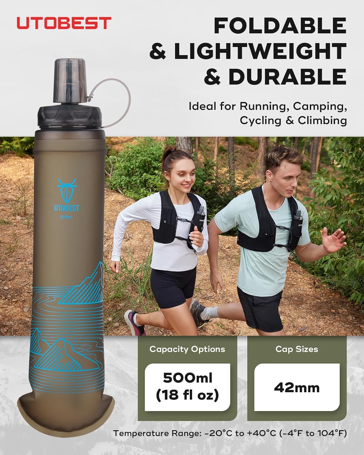 UTOBEST 500ml Soft Flask, 2 Pack Flexible TPU Hydration Water Bottle, Collapsible with 42mm Caliber for Running, Hiking, Cycling, Climbing, and Marathon Blue