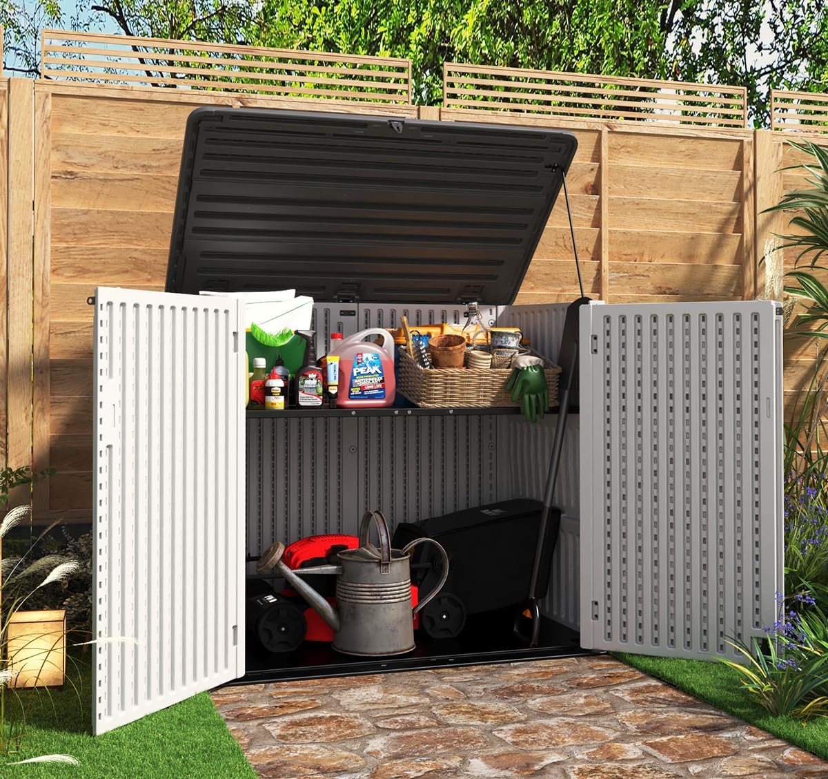 KINYING Horizontal Outdoor Storage Shed,47 Cu.ft Resin Outdoor Storage Cabinet Waterproof for Garden/Patio/Backyards