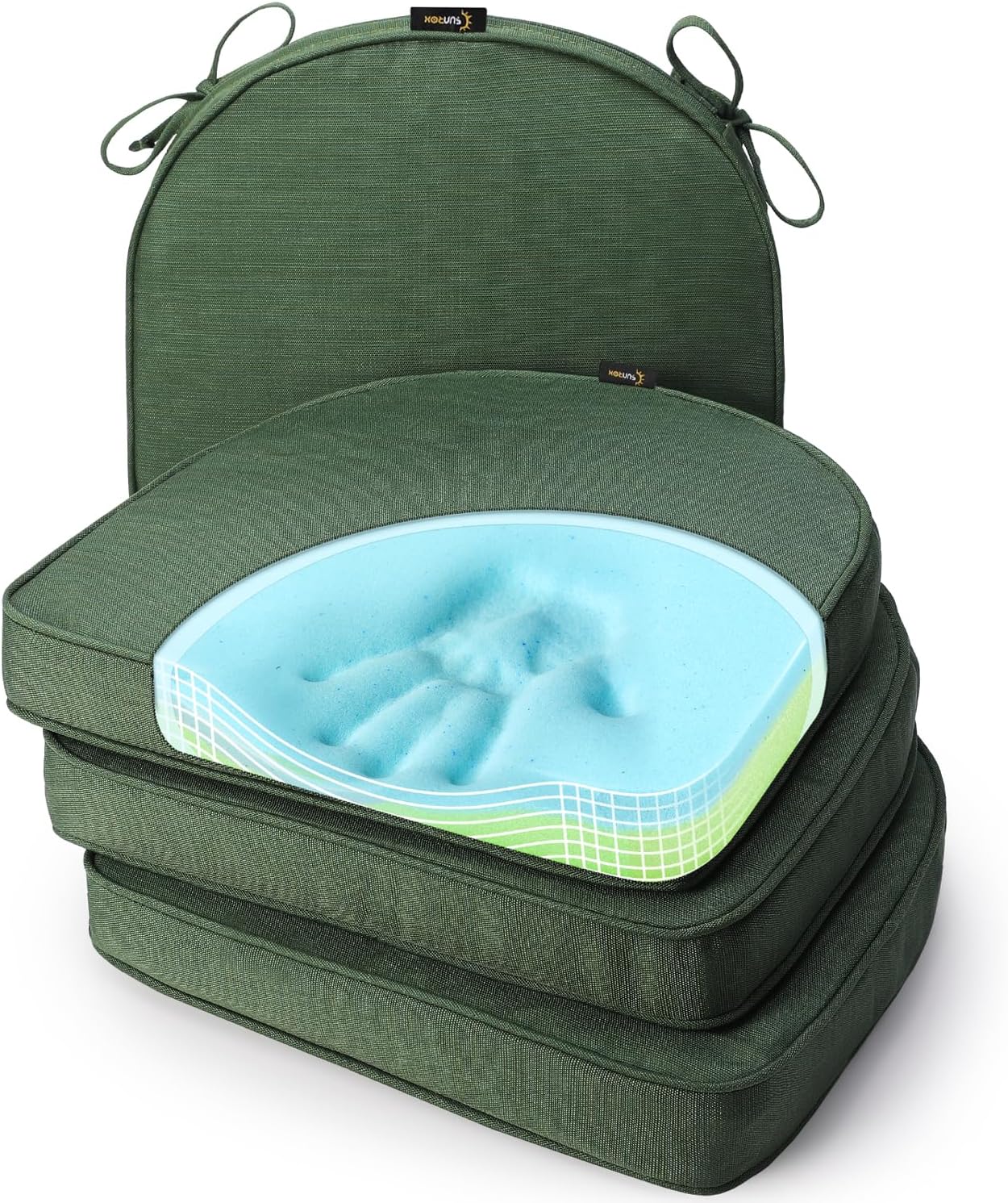 SUNROX Gel Memory Foam Chair Cushions, FadeShield Water-, Stain-Resistant Durable Reversible Seat Cushion Pads with Ties for Indoor/Outdoor Kitchen Dining Office, 19"x19", Set of 4, Heather Fern