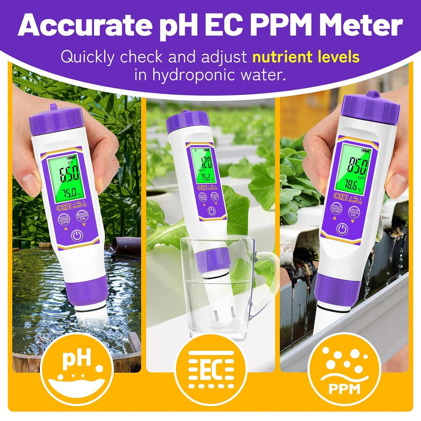 Smart pH Meter for Water pH and EC Meter for Hydroponics Nutrients Digital pH and PPM Tester for Reservoir Water 4 in 1 pH EC TDS Temp Tester for Indoor Plant Growing, DWC, Pool, Aquariums