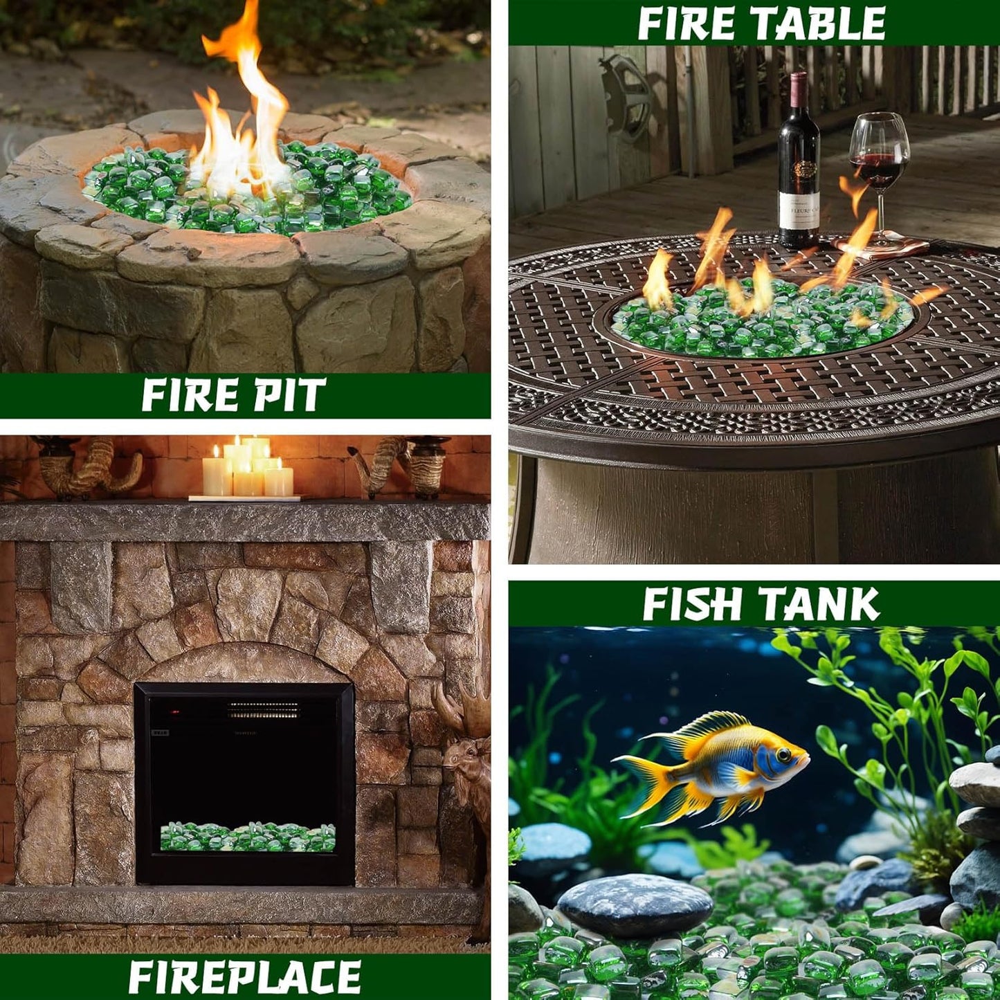 Fire Pit Glass Rocks Square, Fire Glass Cubes, Tempered Beads for Fireplace, Firepit Table Indoor or Outdoor, Replacing Traditional Burning Wood 20 pounds, Green Reflective