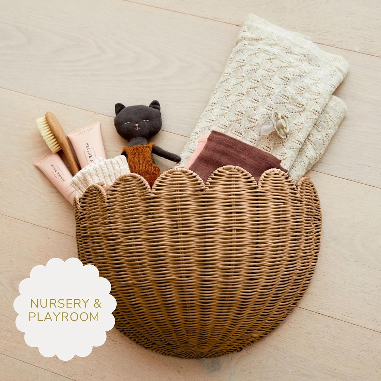 BEBE BASK Scalloped Wicker Hanging Basket - The Original Wicker Wall Decor - Hand Woven Wall Basket - Home Décor Wall Hanging Basket - Wall Storage Basket for Nursery, Living Room and Bathroom (Mocca)