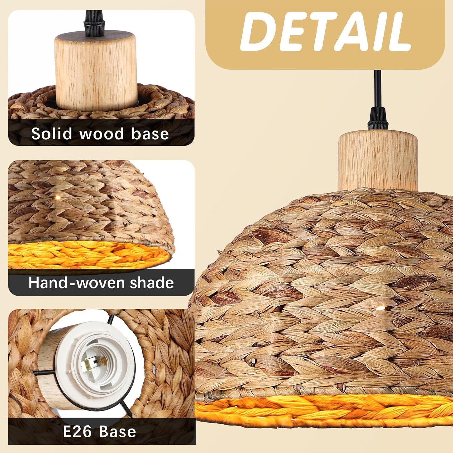 Boho Pendant Lights Kitchen Island, 11.8" Hand-Woven Rattan Light Fixture Bohemian Lighting Farmhouse Seagrass Weaving Hanging Ceiling Light Chandelier for Living Dining Room Restaurants