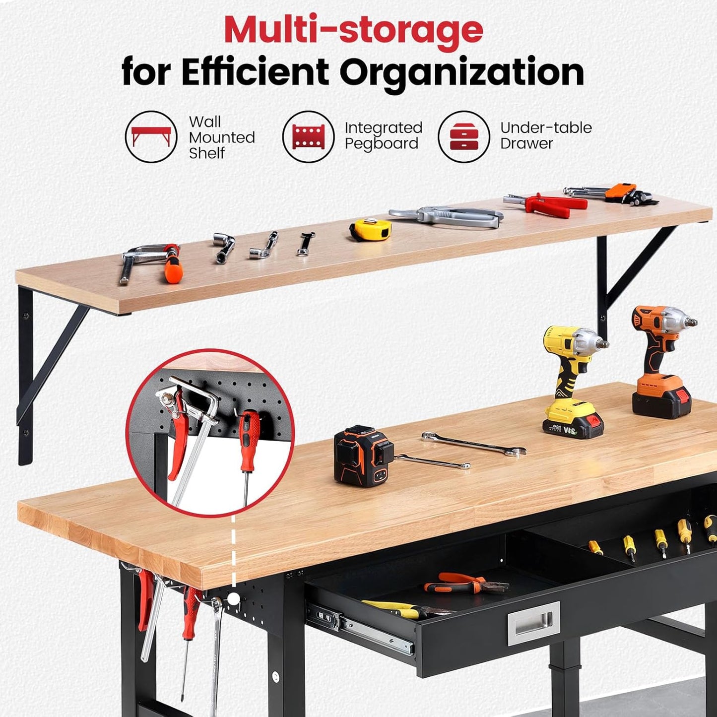 Work Bench with Shelf Bracket 60 Inch Heavy Duty Rubberwood Tabletop Workbench for Garage Adjustable Height Work Table with Drawers, Power Outlets for Woodworking, Home, Office, Workshop