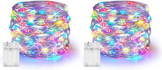 Dazzle Bright Fairy Lights Battery Operated, 2 Pack Total 40FT 120LED Silver Wire Waterproof String Lights, Christmas Decorations for Indoor Outdoor Bedroom Yard Decor, Multi-Colored